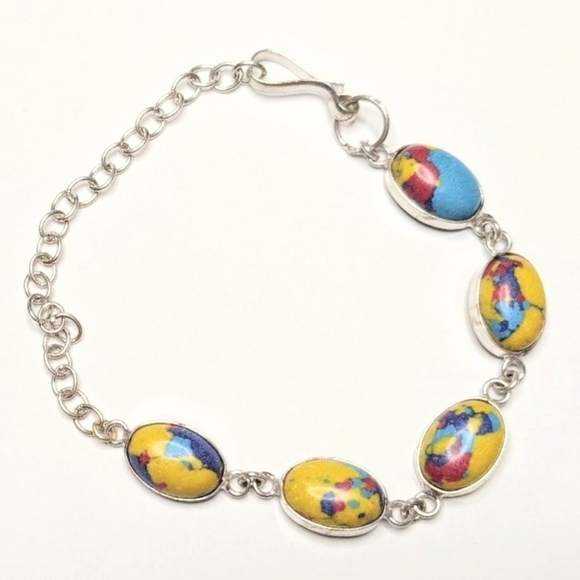 Mosaic Jasper Multi-Gemstone 925 Silver Plated Handmade Adjustable Bracelet - Picture 1 of 2